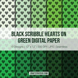 Black Scribble Hearts On Green Digital Paper
