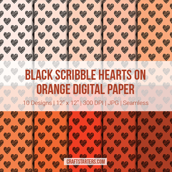 Black Scribble Hearts On Orange Digital Paper