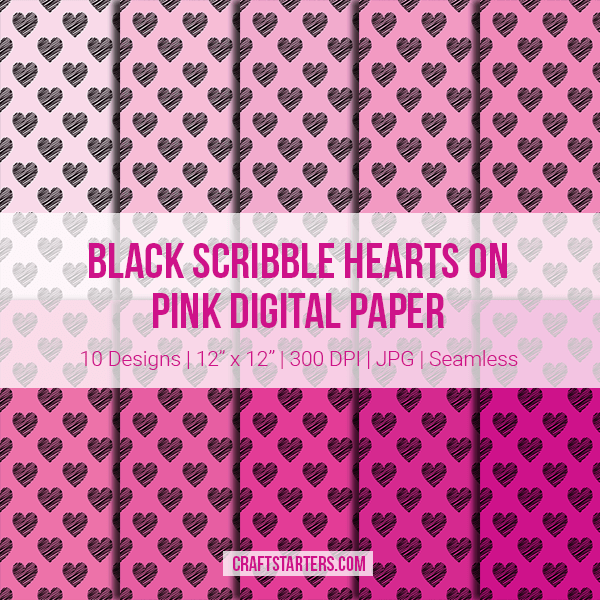 Black Scribble Hearts On Pink Digital Paper