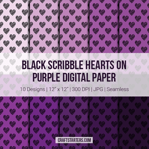 Black Scribble Hearts On Purple Digital Paper