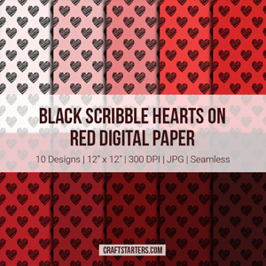 Black Scribble Hearts On Red Digital Paper