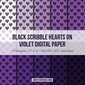 Black Scribble Hearts On Violet Digital Paper