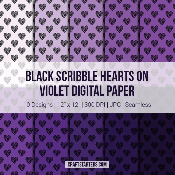 Black Scribble Hearts On Violet Digital Paper