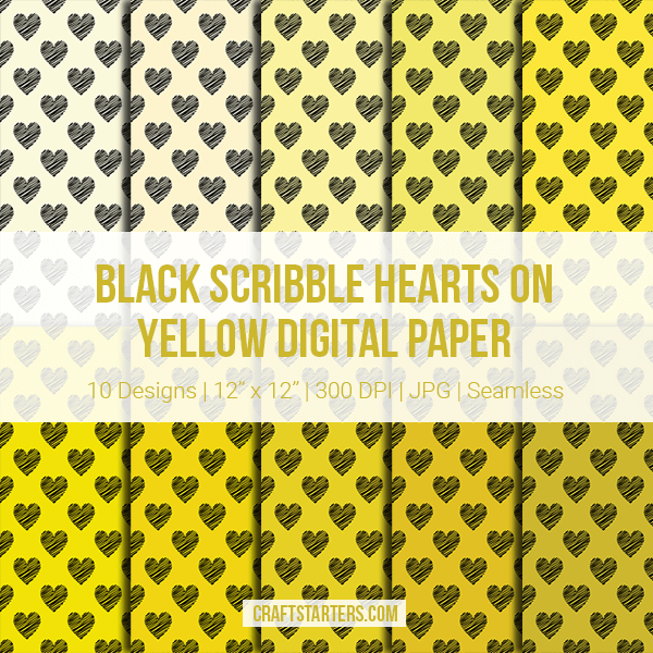 Black Scribble Hearts On Yellow Digital Paper