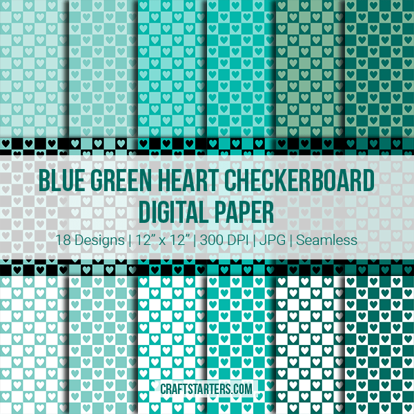 Blue Green Heart Checkerboard Digital Paper