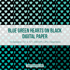 Blue Green Hearts on Black Digital Paper