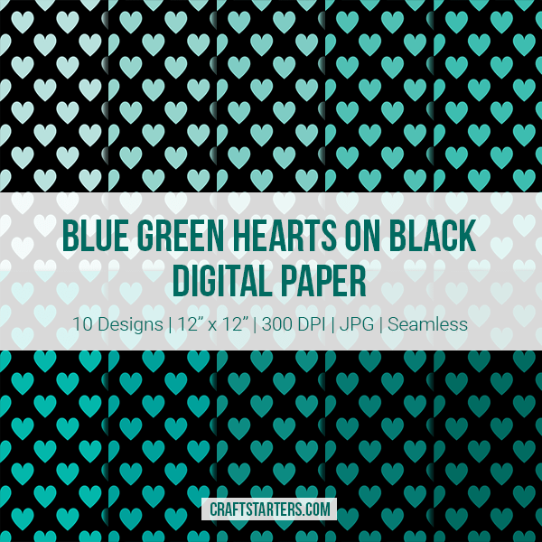 Blue Green Hearts on Black Digital Paper