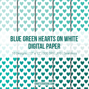 Blue Green Hearts on White Digital Paper
