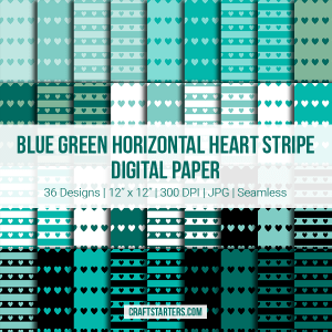 Blue Green Horizontal Heart Stripe Digital Paper