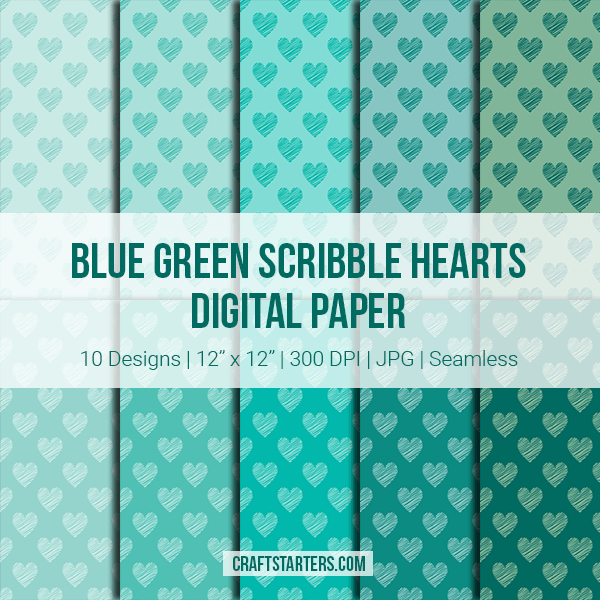 Blue Green Scribble Hearts Digital Paper