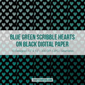 Blue Green Scribble Hearts On Black Digital Paper