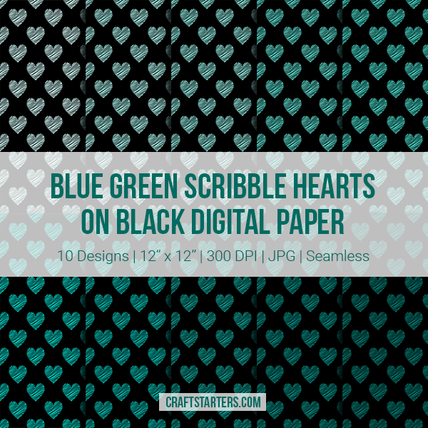 Blue Green Scribble Hearts On Black Digital Paper