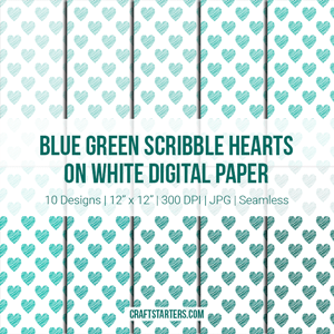 Blue Green Scribble Hearts On White Digital Paper