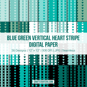 Blue Green Vertical Heart Stripe Digital Paper