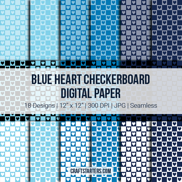 Blue Heart Checkerboard Digital Paper