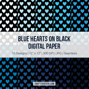 Blue Hearts on Black Digital Paper