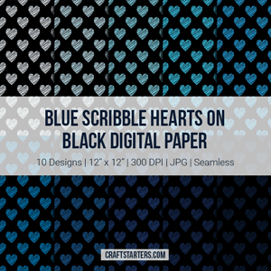 Blue Scribble Hearts On Black Digital Paper