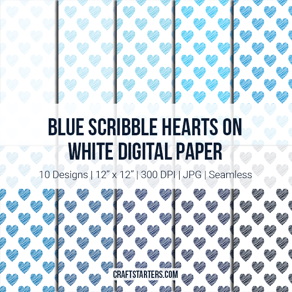 Blue Scribble Hearts On White Digital Paper