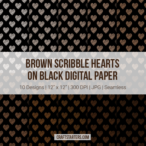 Brown Scribble Hearts On Black Digital Paper