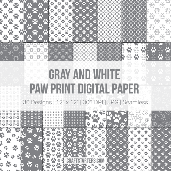 Gray And White Paw Print Digital Paper