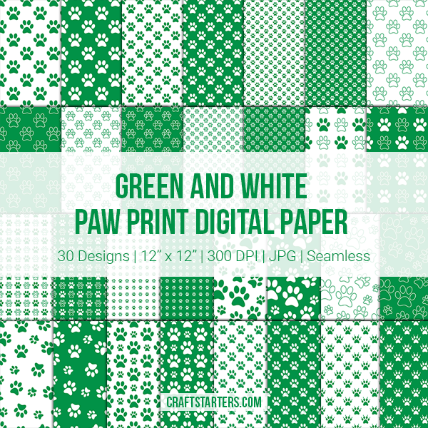 Green And White Paw Print Digital Paper