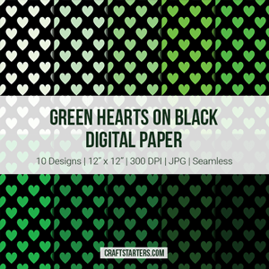 Green Hearts on Black Digital Paper