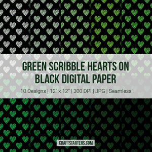 Green Scribble Hearts On Black Digital Paper