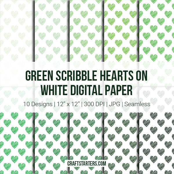 Green Scribble Hearts On White Digital Paper