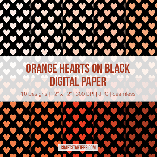 Orange Hearts on Black Digital Paper