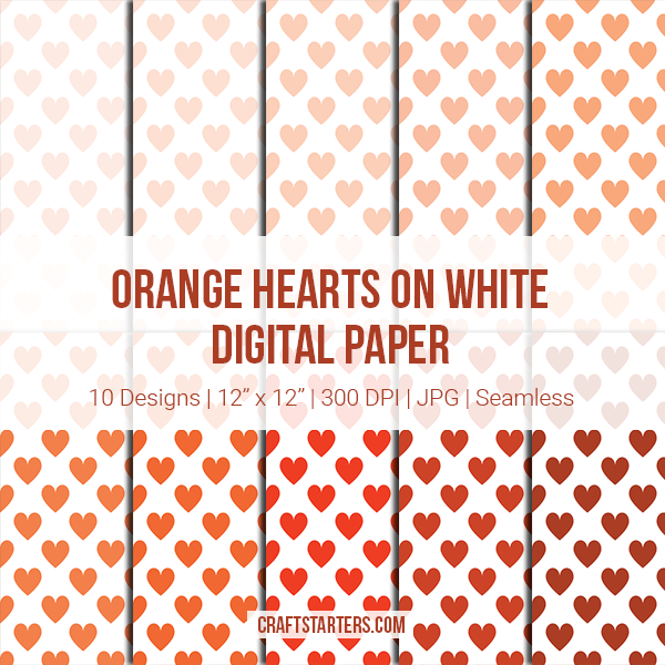 Orange Hearts on White Digital Paper