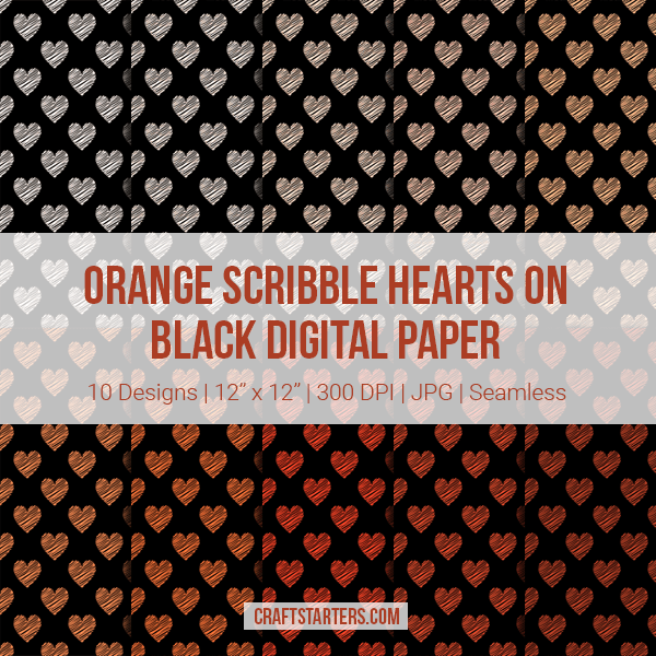 Orange Scribble Hearts On Black Digital Paper