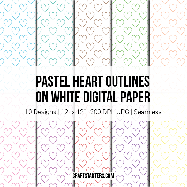 Pastel Heart Outlines On White Digital Paper