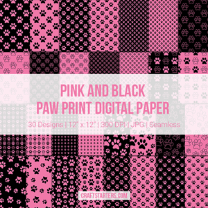 Pink And Black Paw Print Digital Paper