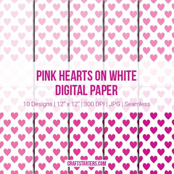 Pink Hearts on White Digital Paper