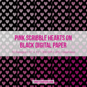 Pink Scribble Hearts On Black Digital Paper