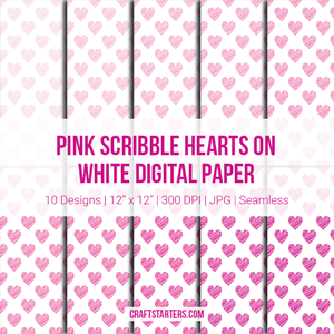 Pink Scribble Hearts On White Digital Paper