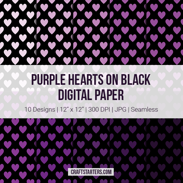 Purple Hearts on Black Digital Paper