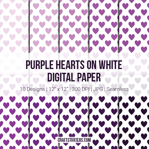Purple Hearts on White Digital Paper