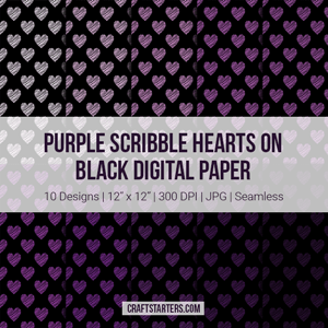 Purple Scribble Hearts On Black Digital Paper