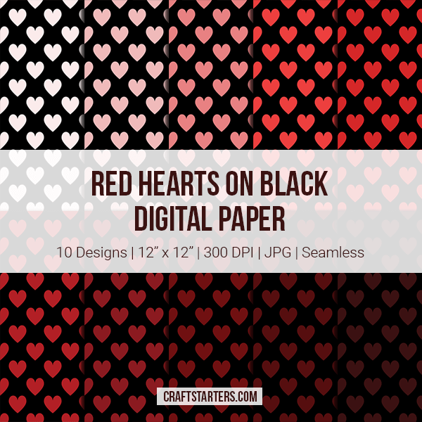 Red Hearts on Black Digital Paper