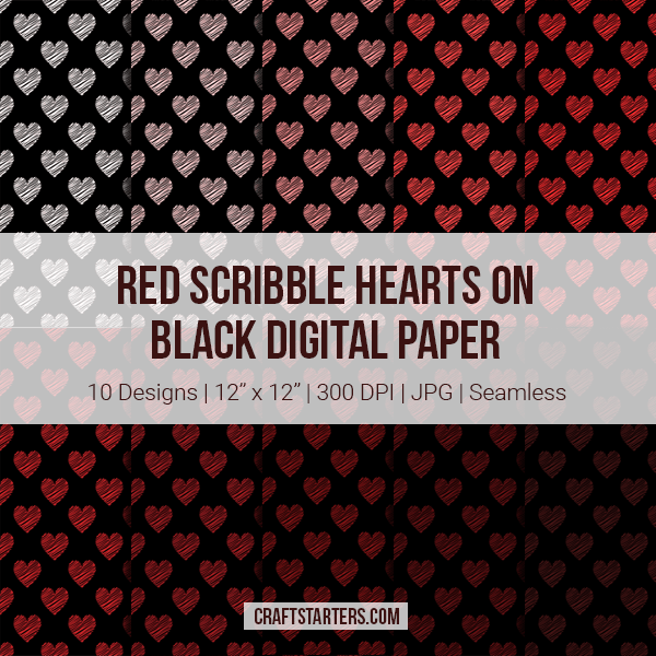 Red Scribble Hearts On Black Digital Paper