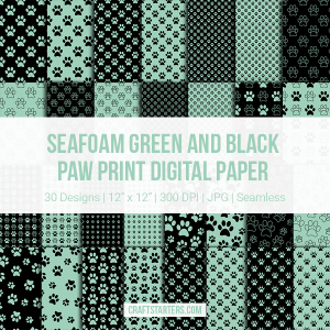 Seafoam Green And Black Paw Print Digital Paper