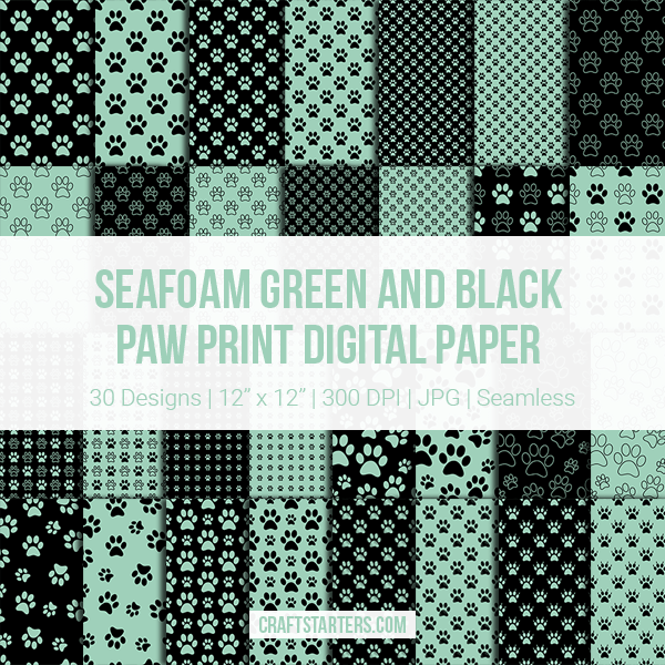 Seafoam Green And Black Paw Print Digital Paper