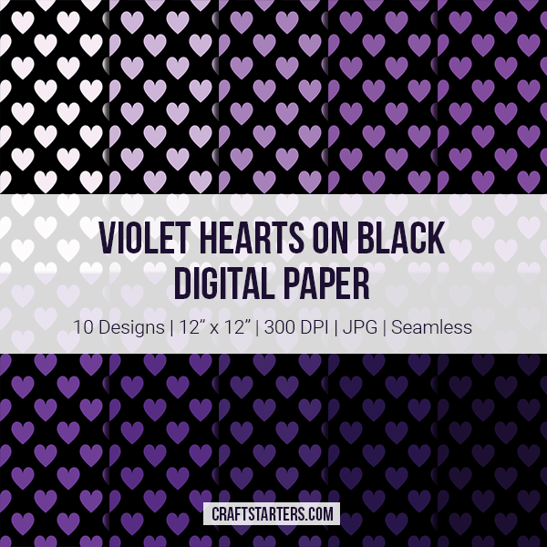 Violet Hearts on Black Digital Paper