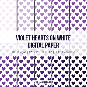 Violet Hearts on White Digital Paper