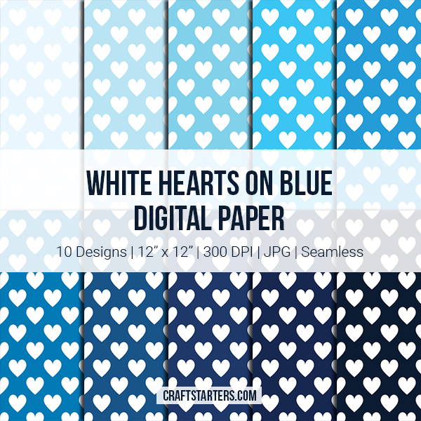 White Hearts on Blue Digital Paper