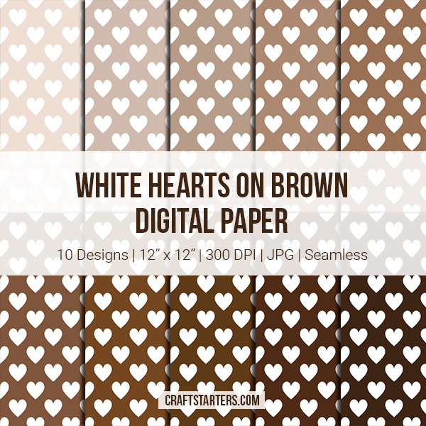White Hearts on Brown Digital Paper