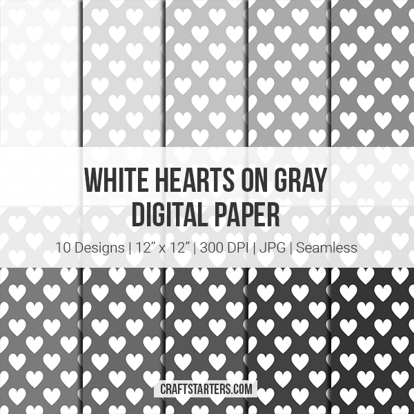 White Hearts on Gray Digital Paper