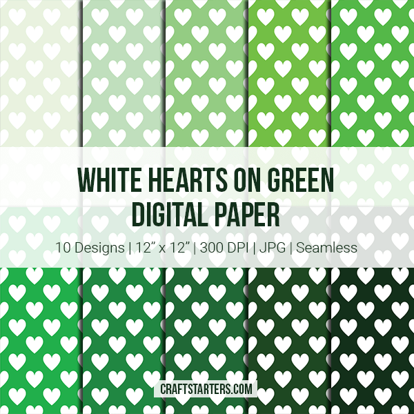 White Hearts on Green Digital Paper