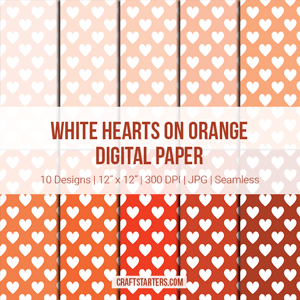 White Hearts on Orange Digital Paper